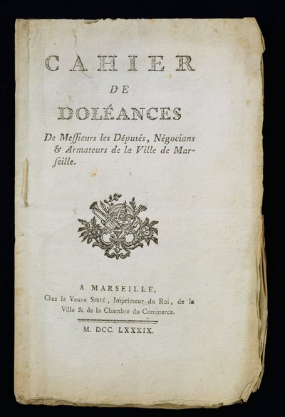 1789年马赛代表，商人和船东投诉书的标题页 作者 法语学校