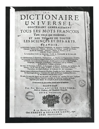 Antoine Furetiere的Dictionnaire Universel标题页（1619-88）1690（打印） 作者 法语学校