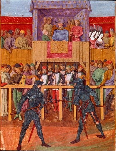Jean V de Bueil（1406-1477）的“Le Jouvencel”中的两个穿着微型盔甲的骑士的比赛场景 作者 法语学校