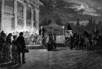 教皇庇护九世（1792-1878）的骨灰翻译：1881年7月12日车队抵达罗马的圣劳伦斯教堂。1881年8月6日《世界画报》第1271期上的佩利塞的版画。 作者 法语学校