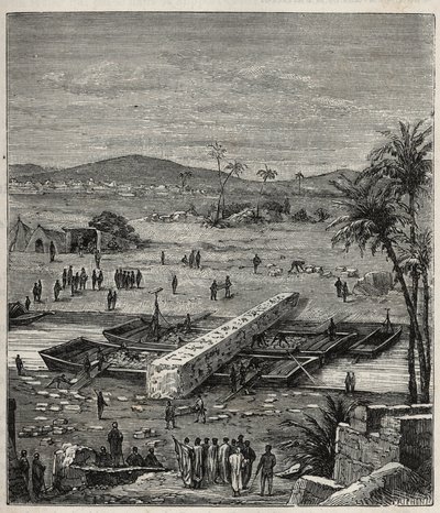 Transport of the obelisk of Ptolemee Philadelph (Ptolemaios Philadelphos) (Ptolemee II) on the Nile to Alexandria - Engraving in “” Sciences available to all - Popular physics and chemistry”” by Alexis Clerc - End 19th century - Private collection 作者 法语学校