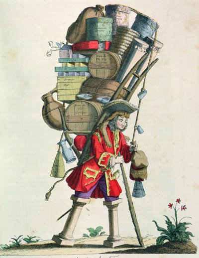 旅行香料，酒和补救卖家于1721年，来自巴黎服装展，1887年出版的Travers les Siecles（彩色版画） 作者 法语学校