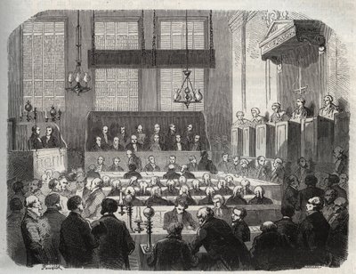1856年5月在中央刑事法院对威廉-帕尔默的审判，罪名是在鲁格利向约翰-帕森斯-库克投毒（雕刻）--1856年威廉-帕尔默在伦敦中央刑事法院受审--Armand Fouqui的 "Causes celebres de touspeuples "中的雕版画 作者 法语学校