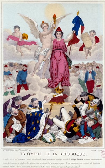 共和国的胜利，1875 年的版画。寓意普选权摧毁了共和国的敌人："[......]但法国躲过了他们的阴谋，在进步和自由的道路上走在文明国家的前列"。 作者 法语学校