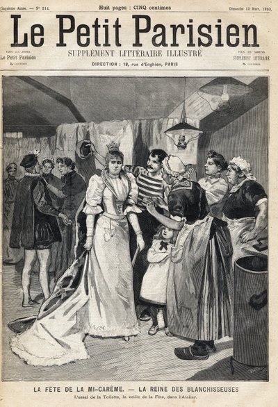 在Mi-Careme Fete（米-卡雷姆）的前夕，在车间里尝试一下厕所：美白剂的女王。1893年3月12日的报纸" Le Petit Parisien "之一（雕刻）。 作者 法语学校