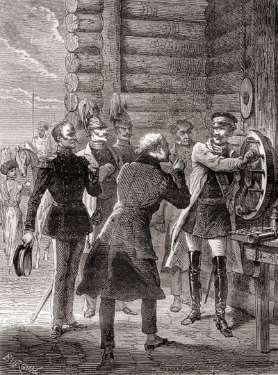 沙皇尼古拉一世于1833年在莫斯科和华沙之间开通了信号电报线，使用的是Claude Chappe的信号系统的改进版，出自《科学的奇迹》，约1870年出版（雕刻）。 作者 法语学校