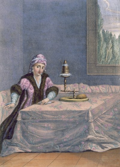土耳其妇女转动的螺纹，c.1708 作者 法语学校