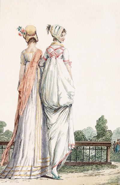 长廊连衣裙的两位女士，1796年99：女;传统服饰;传统服饰;时尚;十八世纪;步行;背部;白色连衣裙;发动机罩;帽子;帽子;公园;花园; 作者 法语学校