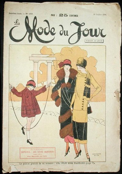 公园里的两个女人和一个小女孩，插图来自《La Mode du Jour》。 作者 法语学校