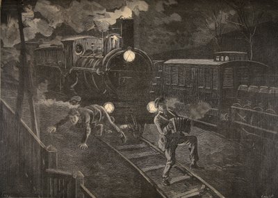 两名男子从Le Petit Journal：Supplement illustre，1898年的火车插图中击中 作者 法语学校