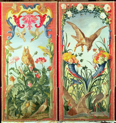 两块地毯制成折叠屏幕，描绘鸟类，鲜花和水果，Savonnerie Workshop（纺织品） 作者 法语学校