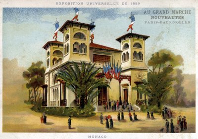 1889年的世界博览会。摩纳哥馆。19世纪末的彩色石版画。 作者 法语学校