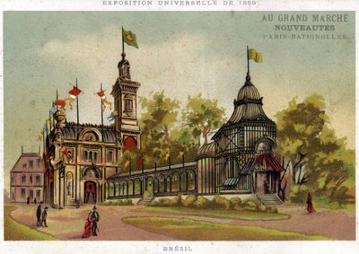 1889年的世界博览会。巴西馆。巴黎Batignolles。19世纪末的彩色石版画。 作者 法语学校