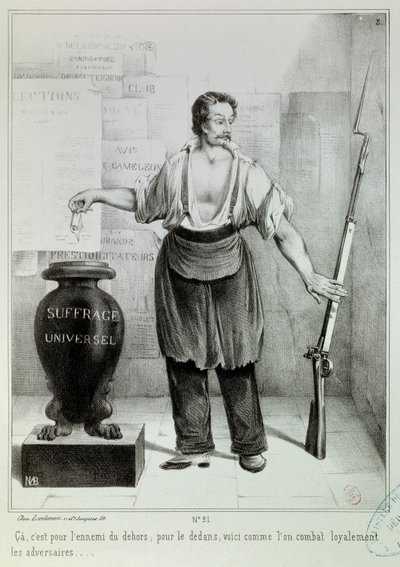 普选 "选票或步枪" 选票必须与敌人而不是步枪作战。M.L. Bosredon的版画，1848年4月。巴黎，卡纳瓦莱博物馆 作者 法语学校