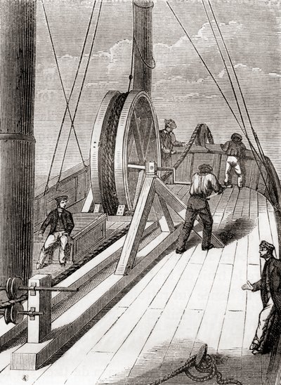Unwinding the Dover to Calais submarine cable aboard the Blazer, 25 December 1851, from Les Merveilles de la Science, published c.1870 (engraving) 作者 法语学校