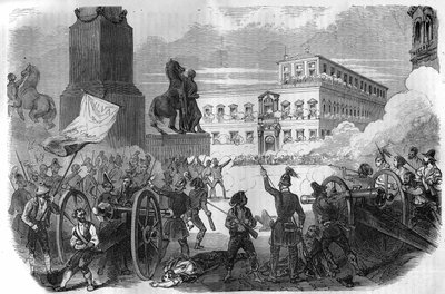 博洛尼亚的起义：推翻了1831年至1846年格雷瓜尔十六世教皇领导的教廷政府。莫里斯-拉夏尔（Maurice Lachatre）著的《历代教皇、皇后和皇帝的历史》中的版画。 作者 法语学校