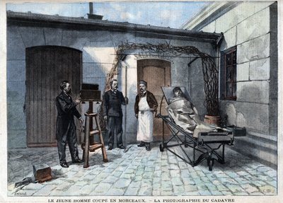 各种事实：法国科学家、人体测量学的创造者阿尔方斯-贝尔蒂隆（Alphonse Bertillon，1853-1914）服务的尸体被切成碎片的照片。- 在 "Le Petitle Parisien "中 作者 法语学校