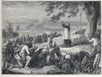 旺地战争（1793-1796）。牧师插入在橡树下为拒绝宣誓的牧师的起义民众庆祝弥撒。1889年的雕版画。私人收藏。 作者 法语学校