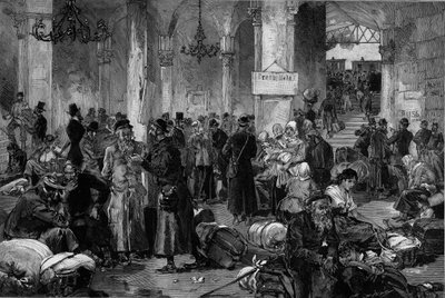 维也纳1882年，北法恩的失落事业厅：在俄罗斯发生的反犹太主义运动被安抚后，流亡的犹太人被遣返，来自 "世界画报"。 作者 法语学校