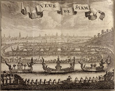 大城府与皇家驳船的视图，来自Voyage du Siam des Peres Jesuites by Guy Tachard，1688 作者 法语学校