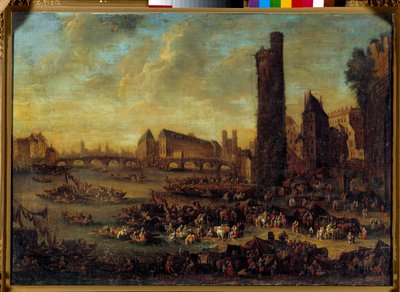 从 Côte de la Cite 欣赏巴黎的景色，取自法国画派的环环画画。 1650 太阳。 0,59 x 0,82m 凡尔赛宫。 城堡博物馆 作者 法语学校