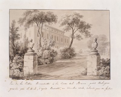 位于博洛尼亚附近的 Croce del Biacco 的 Villa Bianchetti 景观，由 S.A.I. 雕刻。 布萨蒂之后，由 M. Hofer 着色，1814 年 12 月（彩色雕刻） 作者 法语学校