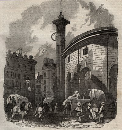 巴黎的halle au ble（建于1763-1769年）和美第奇柱子，19世纪初的雕刻--巴黎的小麦和玉米交易所（建于1763-1769年），19世纪初的雕刻--halle au ble的景观，置于现在的Sois酒店上 作者 法语学校