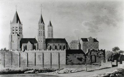 View of the Abbey of Saint-Germain-des-Pres at the start of the 15th century (lithograph) (b/w photo) 作者 法语学校