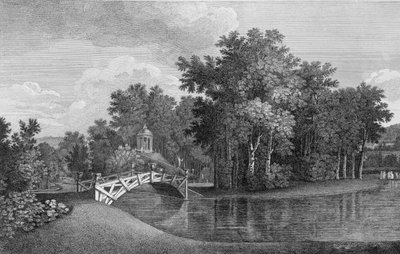 位于West Wycombe花园的桥梁和维纳斯神庙的视图，来自Jardins Anglo-Chinois a la Mode，由George Louis le Rouge出版，出版于1770-87 作者 法语学校