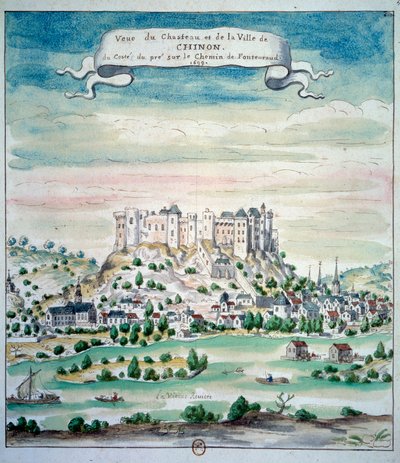从法国学校看 Chateau de Chinon 水彩画。 1699 年巴黎，B.N. 作者 法语学校