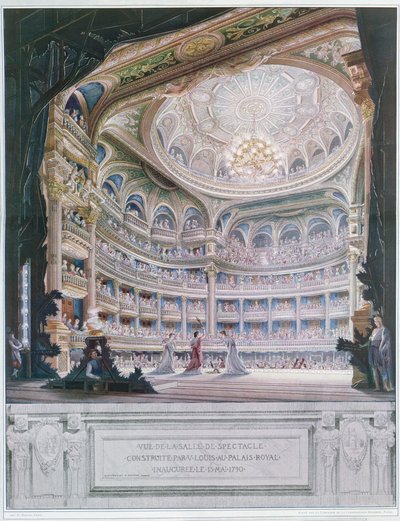 1790年的Comedie Francaise剧院景观，经过Gaudet和Prudent的原创（彩色雕刻） 作者 法语学校