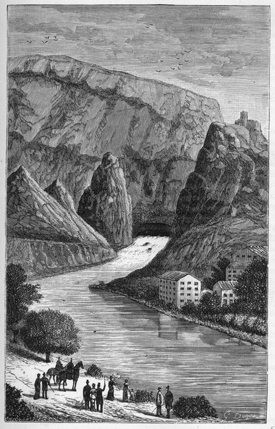 位于普罗旺斯-阿尔卑斯-蓝色海岸地区沃克吕兹省的Fontaine du Vaucluse景观 - Alexis Clerc在 "人人都能接触到的科学--物理学和化学 "中的版画 - 19世纪末 - 私人收藏 作者 法语学校