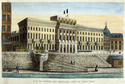 从新桥 (Pont Neuf) 拍摄的蒙宁酒店 (Hotel des Monnins) 的景色 - 雕刻，19 世纪初 作者 法语学校