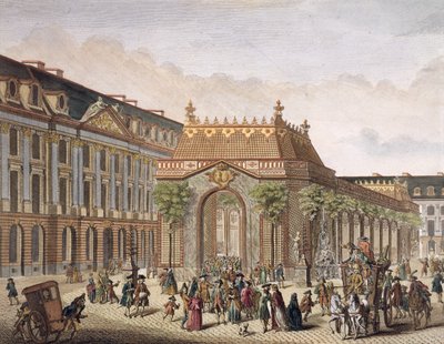 Place de Louis le Grand酒店的景观，其中一间客房是为Monseigneur le Dauphin婚礼而建造的（详情为101866）（彩色雕刻） 作者 法语学校