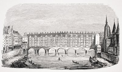 古代Pont-au-Change的视图，来自“巴黎地形”的雕刻，来自Paul Lacroix（1806-84）的“Le Moyen Age et La Renaissance”1847年出版 作者 法语学校