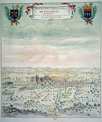 从法国学校看城市和圣皮埃尔·德·布尔盖尔修道院的水彩画。 1699 年巴黎，B.N. 作者 法语学校