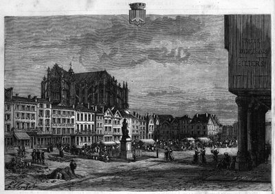 瓦兹河畔的博韦市的景色。1880年的版画，由 "La republique illustrstree "私人收藏。 作者 法语学校