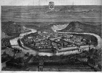 杜斯河畔的贝桑松市的景色。1880年的版画，由 "La republique illustrstree "私人收藏。 作者 法语学校