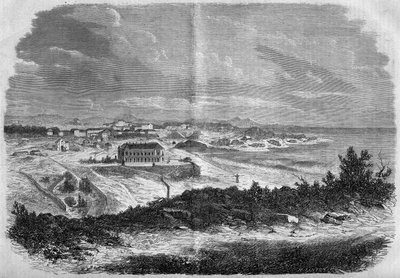 1858年比利牛斯大西洋地区比亚里茨市的景色（64）。1858年9月18日《世界画报》第75期上的版画。 作者 法语学校