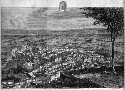 布尔格市在艾因的景色。1880年的版画，由 "La republique illustrstree "私人收藏。 作者 法语学校