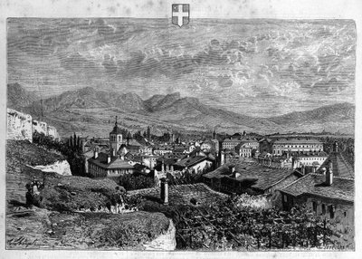 萨瓦省张伯伦市的景色。1880年的版画，由 "La republique illustrstree "私人收藏。 作者 法语学校
