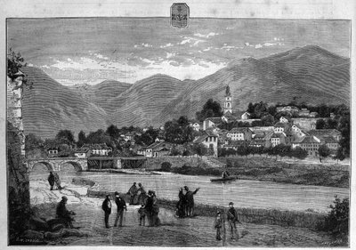 下阿尔卑斯山（Lower Alps）的迪涅市的景色。1880年的版画，由 "La republique illustrstree "私人收藏。 作者 法语学校