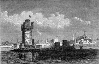 罗德岛（希腊）城市的景色，以及在1863年地震中被摧毁的圣米歇尔（Saint Michel）方塔。1863年5月30日《世界画报》第320期上的版画。 作者 法语学校