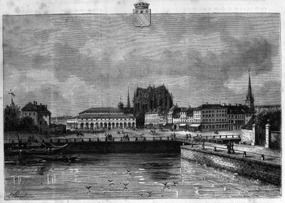 曙光中的特鲁瓦市景象。1880年的版画，由 "La republique illustrstree "私人收藏。 作者 法语学校