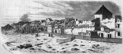 1857年火药桶爆炸后，美因茨（德国）卡斯特里希市区的景色。来自一张照片。1857年12月19日《世界画报》第36期上的版画。 作者 法语学校