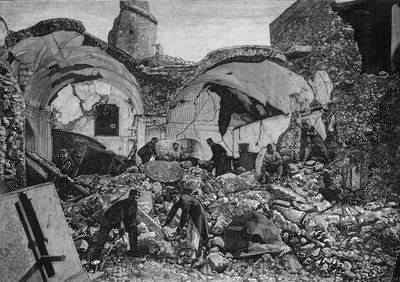 伊斯基亚岛（意大利）在1881年地震中被毁的炼狱教堂废墟的景色。奎斯内尔的雕刻作品，载于1881年4月9日的《图解世界》第1254期。 作者 法语学校