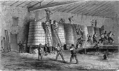 梅多克的葡萄栽培：压榨和装桶。1868年1月11日在《世界画报》第561期上的版画。 作者 法语学校
