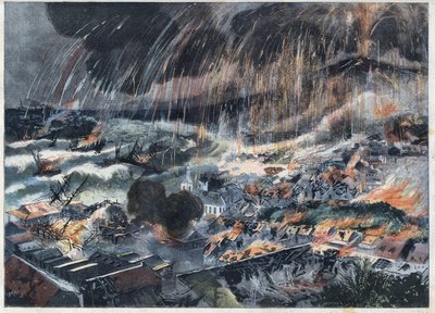 从Pelee山到马提尼克岛的火山喷发：圣彼得城（Saint Pierre）的火山。刊登在 "Le Petro Parisien "的雕刻作品 作者 法语学校
