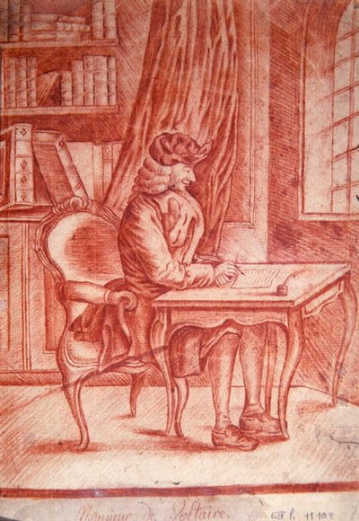 伏尔泰（1694-1778）在他的书房里写作，约1765-75（纸上红粉笔）。 作者 法语学校