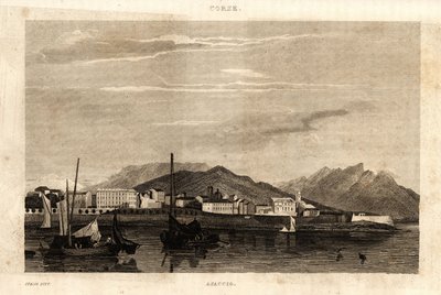 科西嘉岛阿雅克肖的景色，1836年的雕刻作品。 作者 法语学校